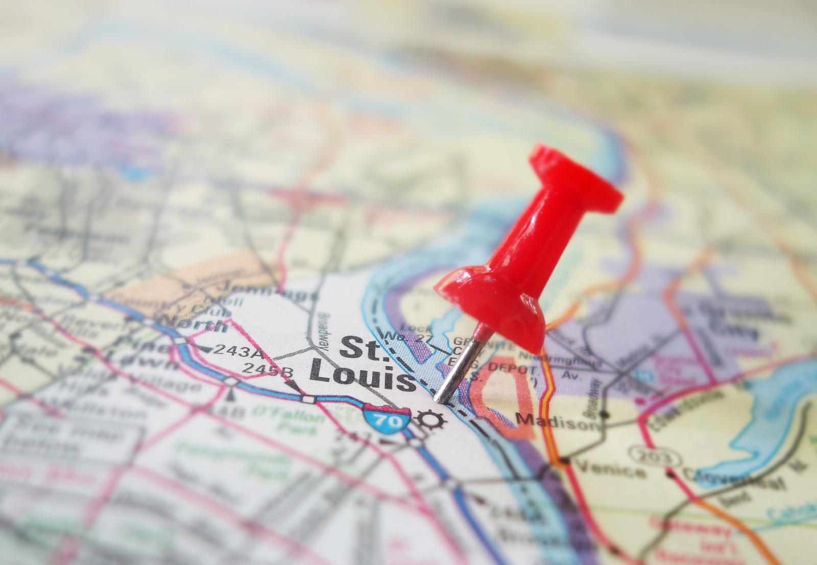 image of a red pin sticking in a map of St. Louis — businesses in St. Louis